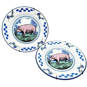 Vtg Midwest Importers Barnyard Animals Enamel Pig Checkered Display Metal Plates